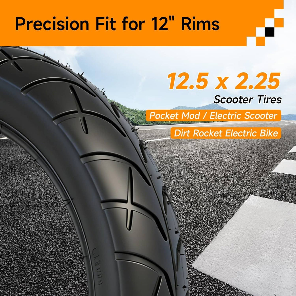 12.5x2.25 scooter tire designed for 12-inch rims with tread sidewall