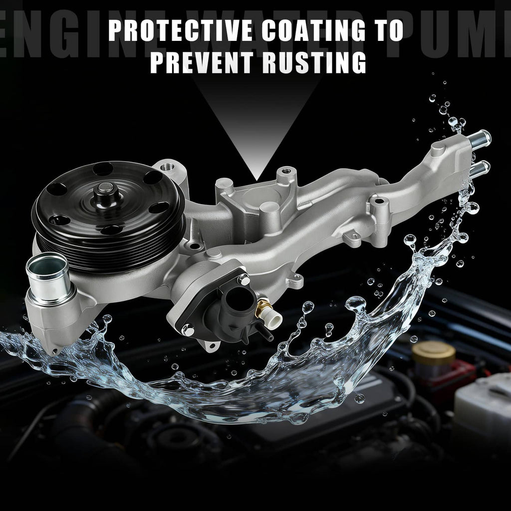 Water pump with thermostat, silver pump with black pulley shown with flowing water