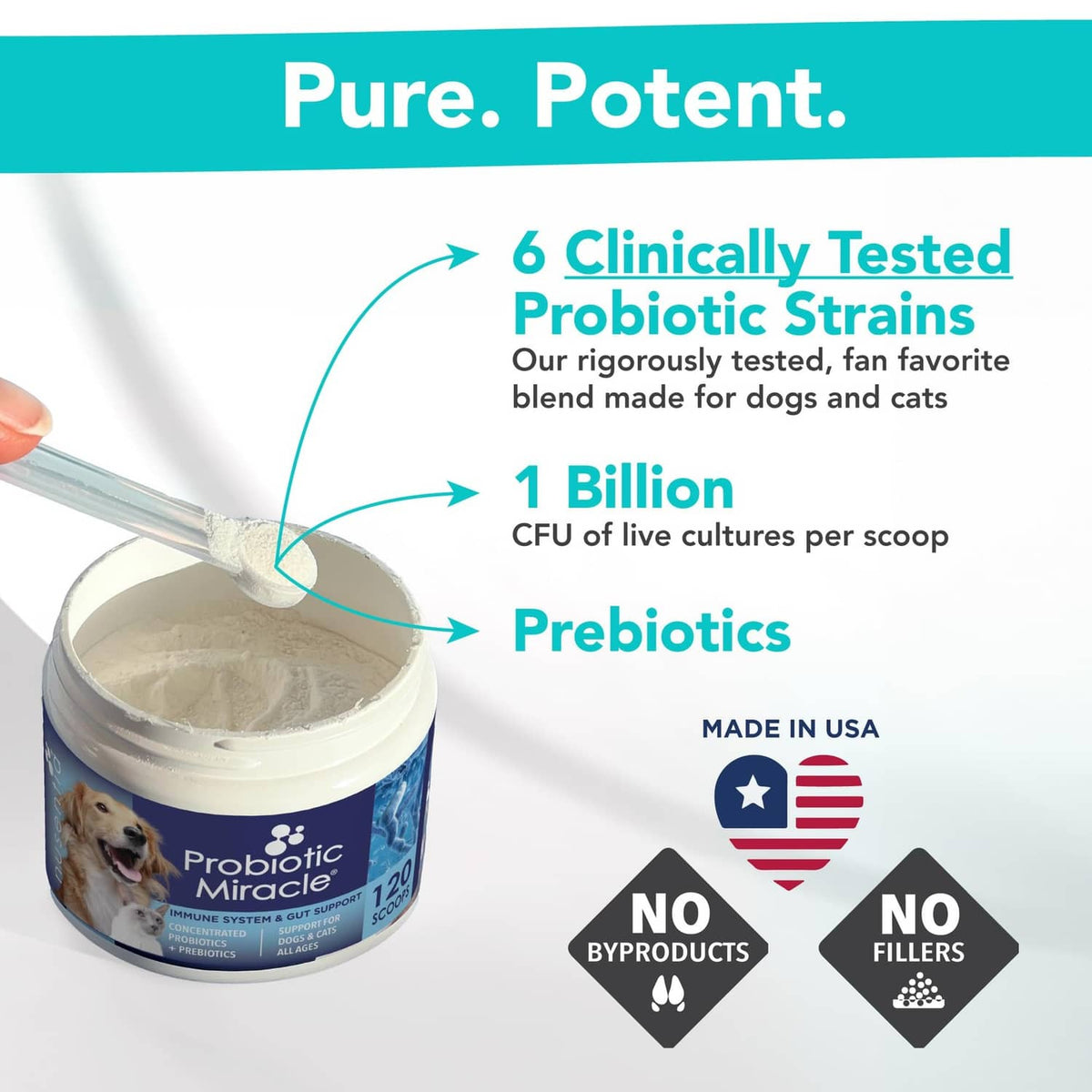 Pet probiotic container with scoop showing probiotic powder and label details