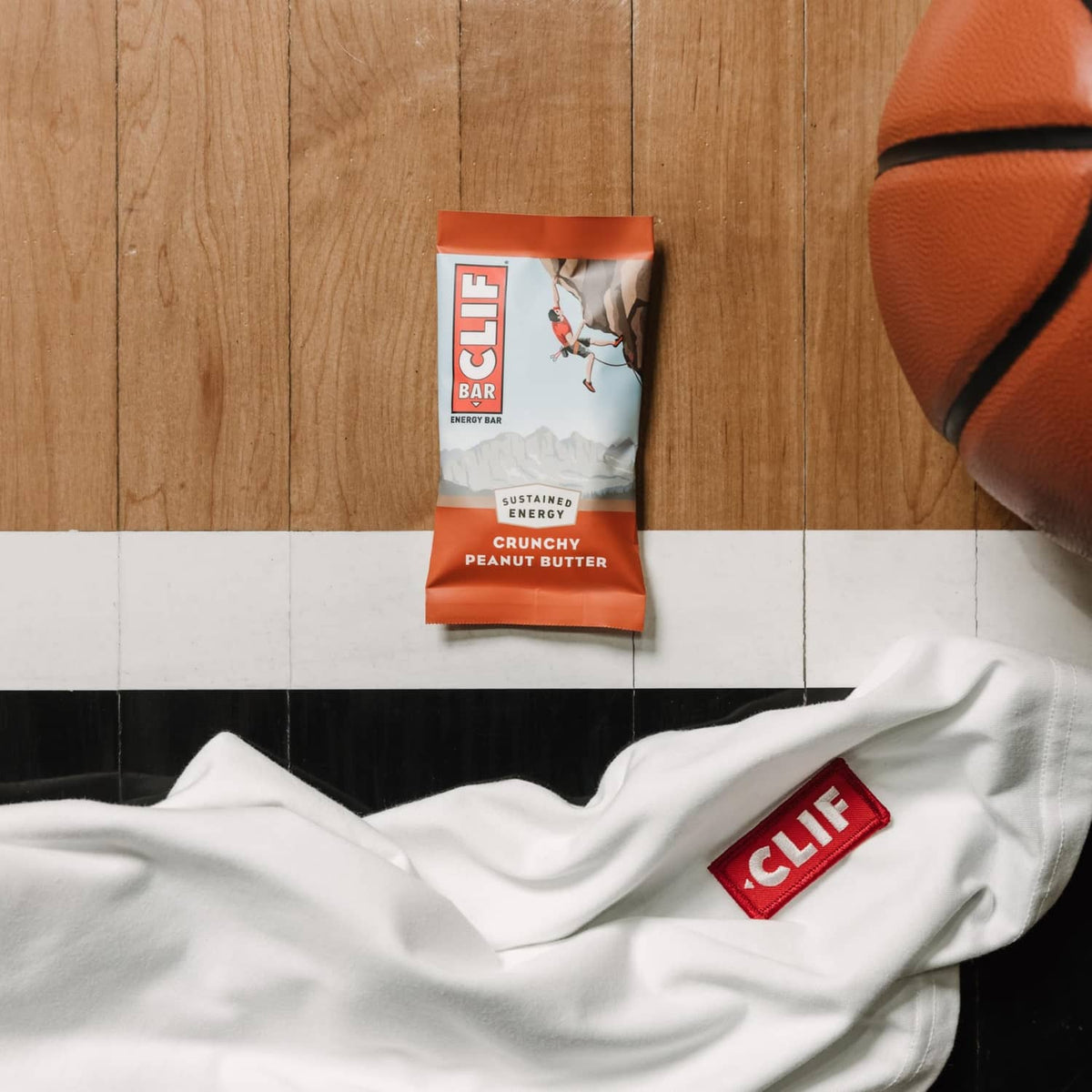 CLIF BAR Protein Energy Bar wrapper, crunchy peanut butter flavor on cloth