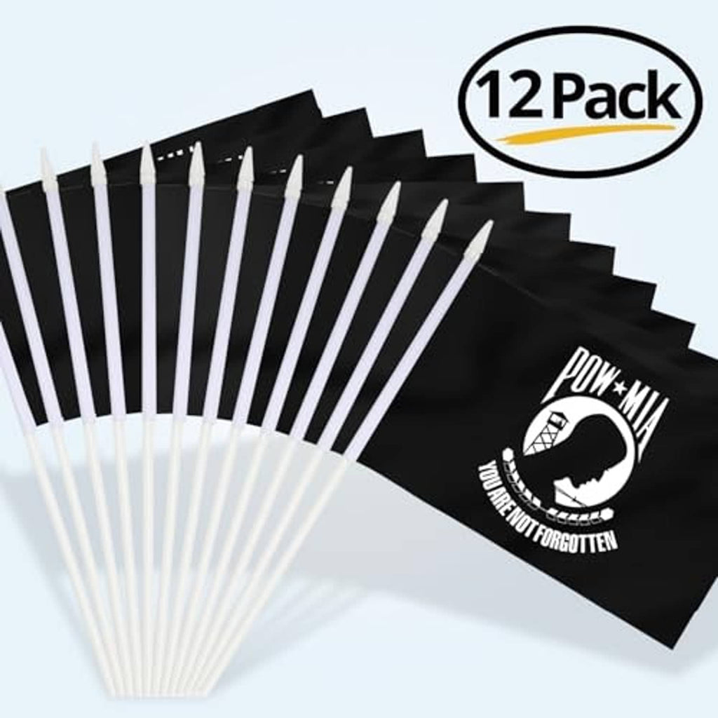 12-pack mini POW/MIA flags, black cloth with white emblem and multiple white poles