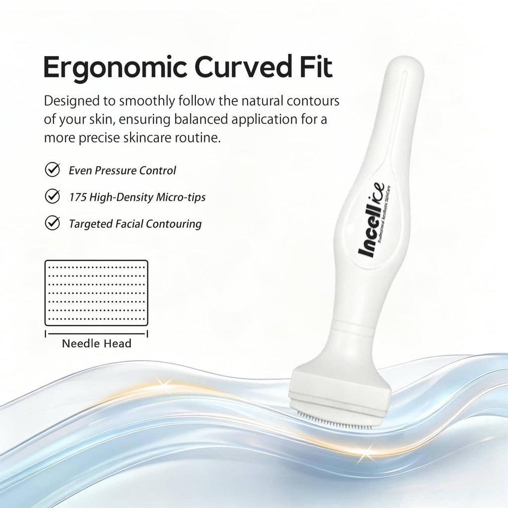 Curved face microneedle stamp pressing needle head onto skin-like surface