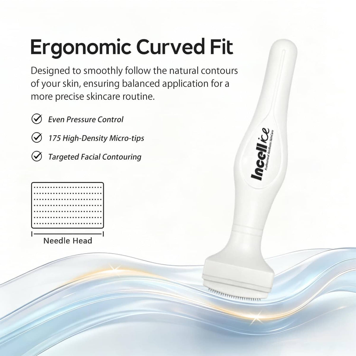 Curved face microneedle stamp pressing needle head onto skin-like surface