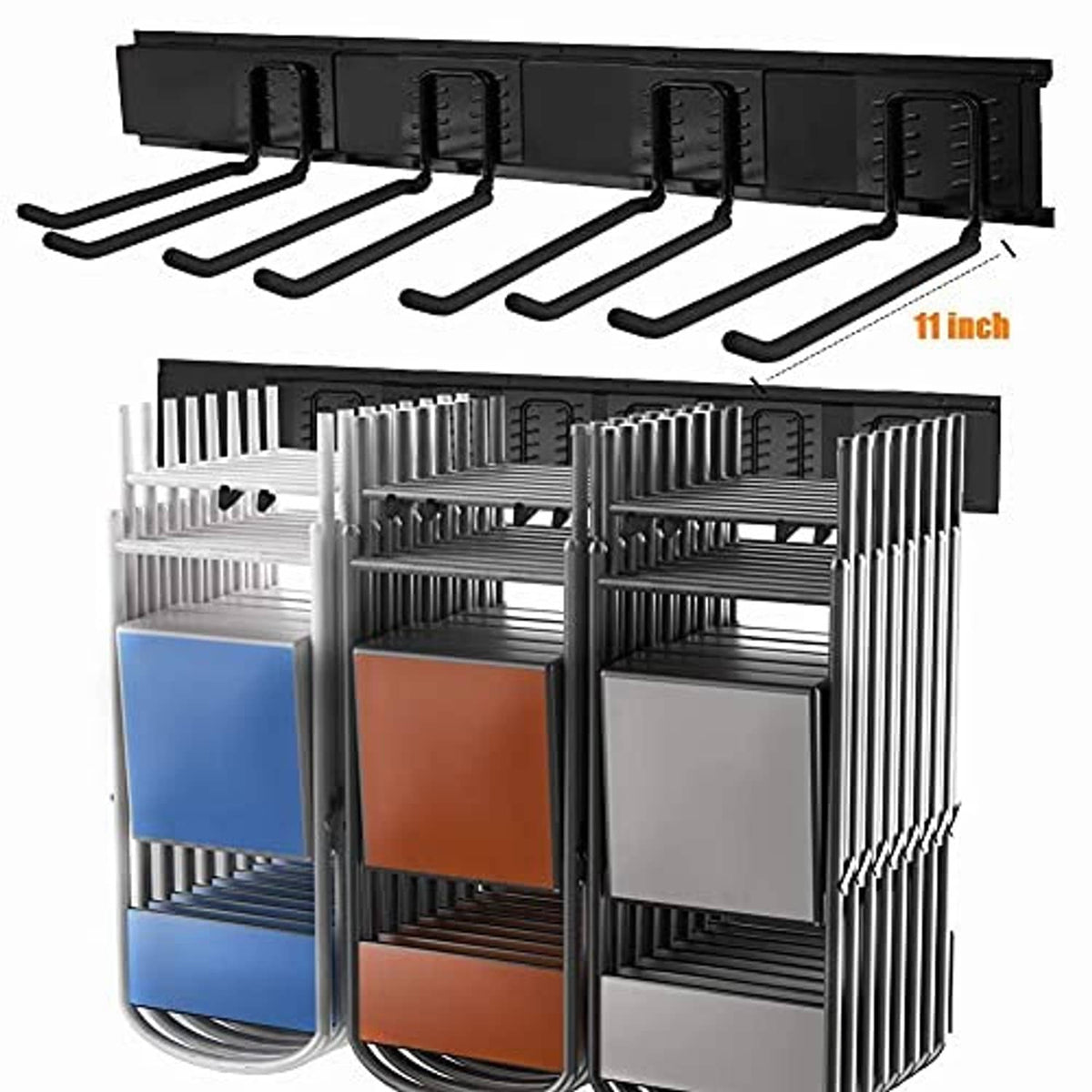 Black wall-mount tool rack with hooks and multi-bin organizer compartments