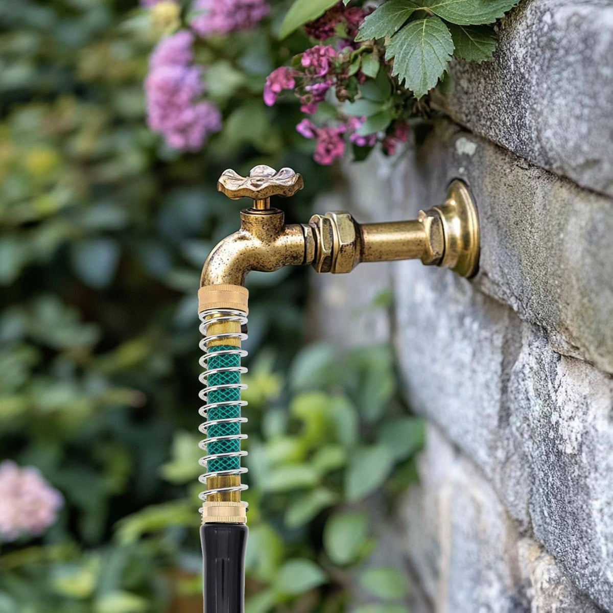 Brass hose protector with teal coil spring attached to garden faucet and black hose
