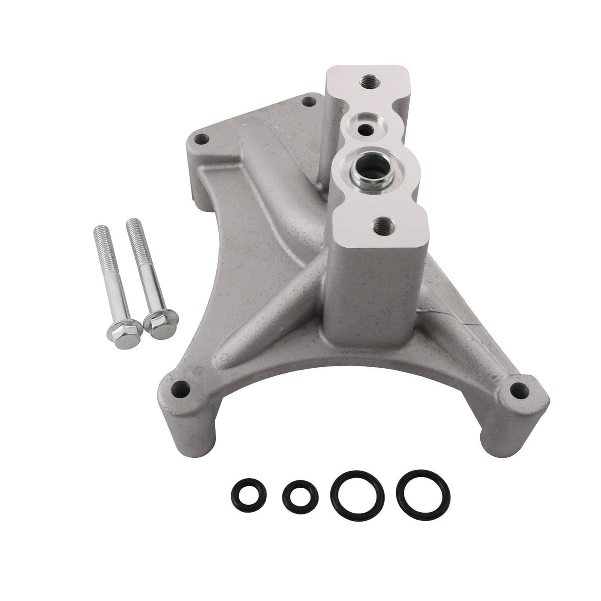 Aluminum turbo pedestal with mounting bolts and O-rings, silver part