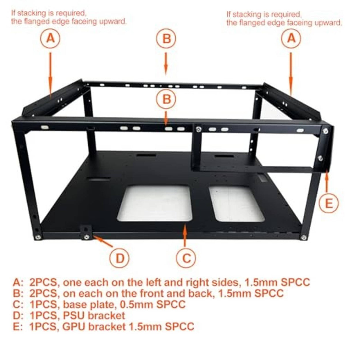 Open-frame PC rack with mounting rails and front fan brackets
