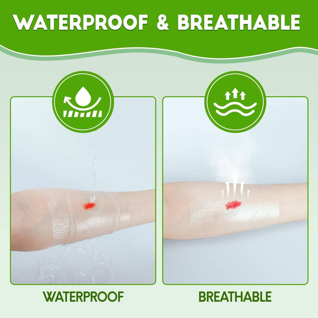 Transparent film dressing on arm with water droplets, waterproof and breathable pad