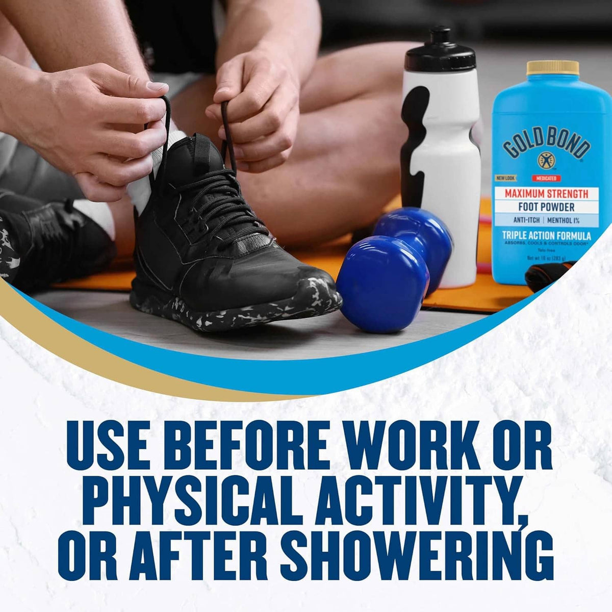 Medicated talc-free foot powder bottles beside black sneakers