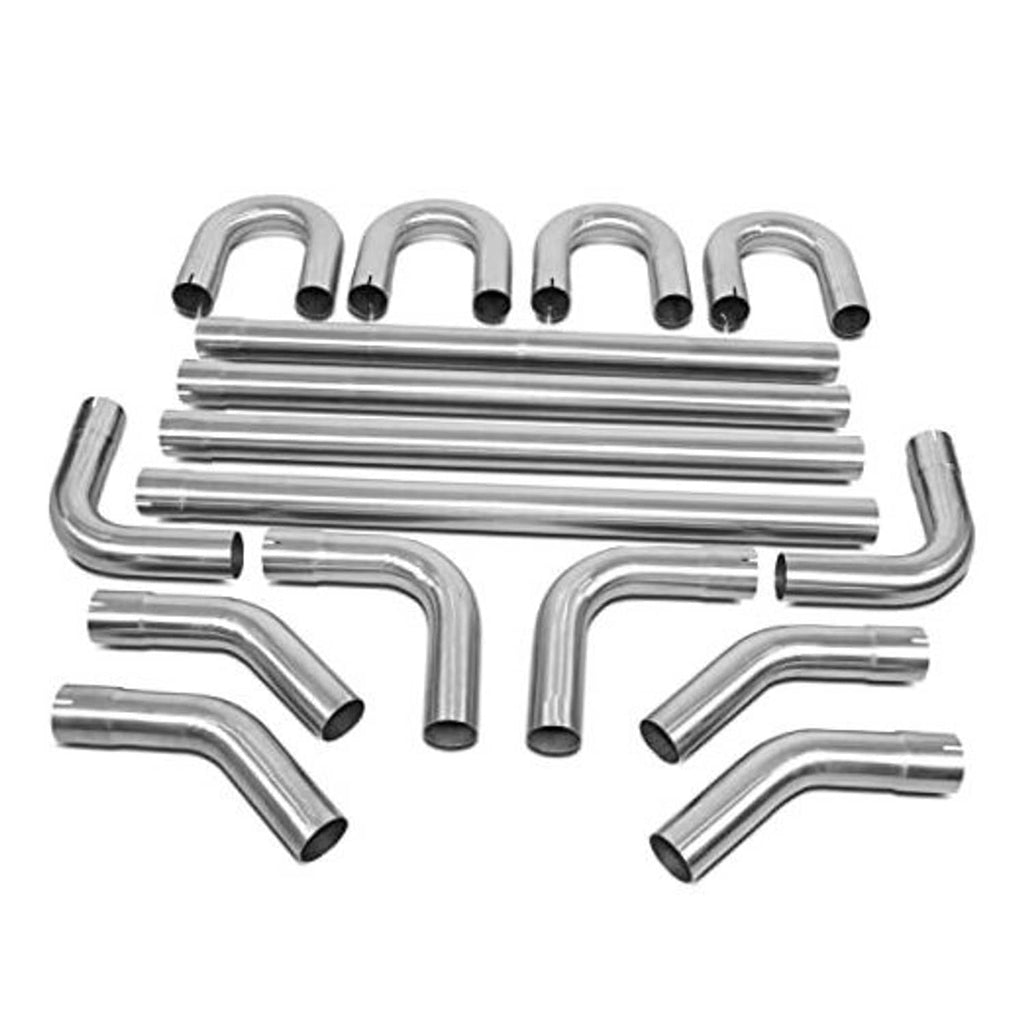 Stainless steel exhaust tubing kit with multiple 3-inch mandrel bends and straight pipes