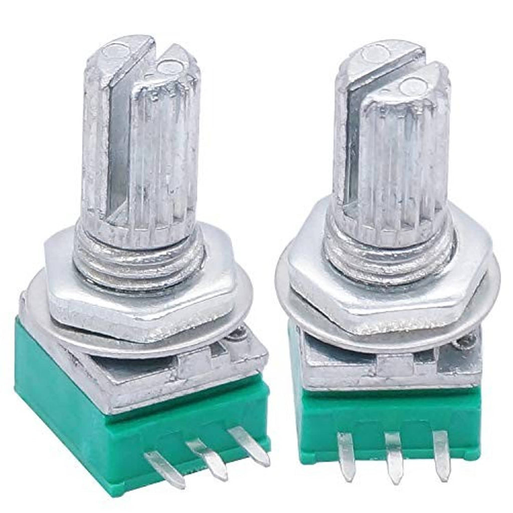 Rotary potentiometer module with silver metal pins and green circuit base, detailed front view.