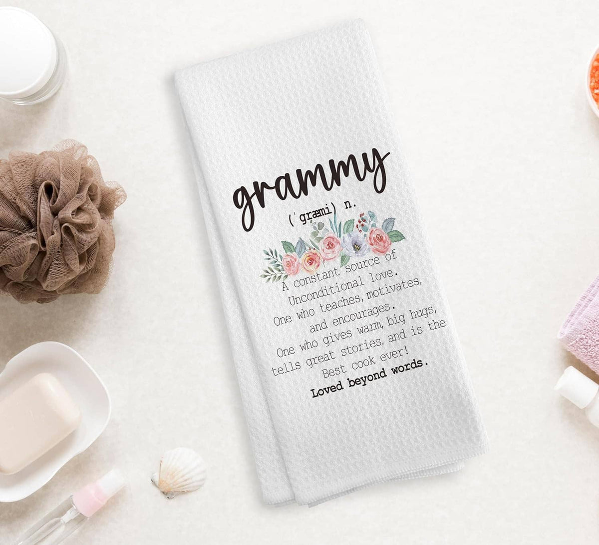 White kitchen towel with 'grammy' quote and floral rose print