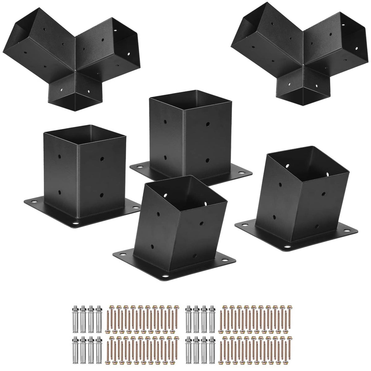 Black metal 3-way slanted pergola inner corner bracket set with base plates and holes