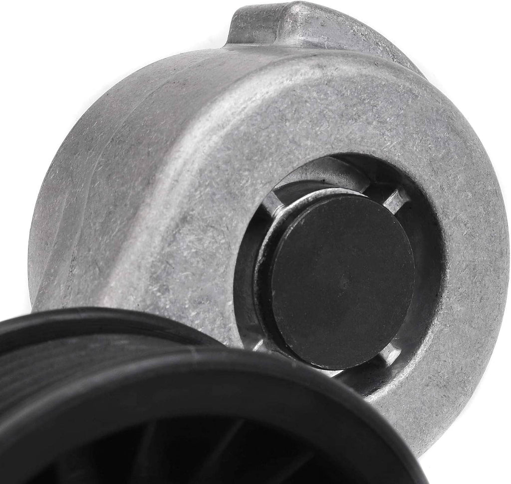 Automatic belt tensioner pulley mount with central black hub and silver housing