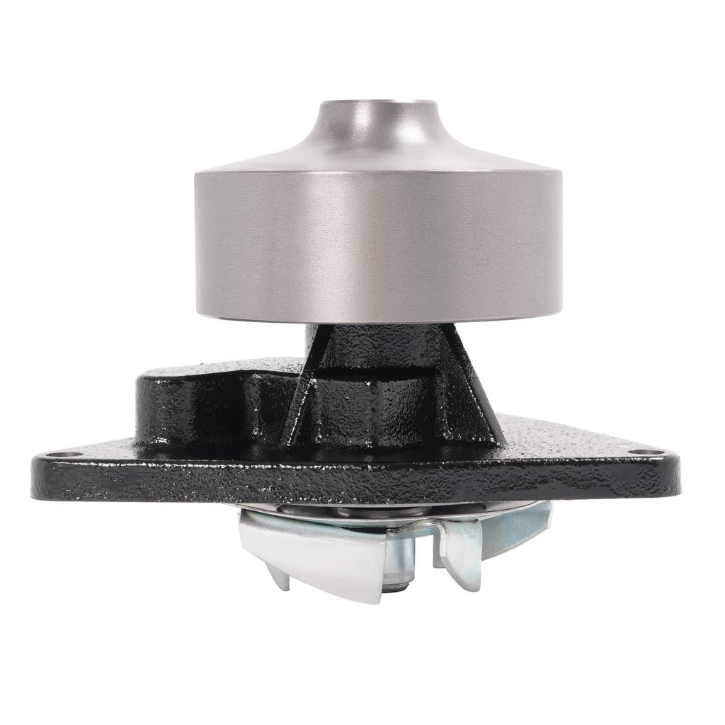 Water pump assembly with silver housing, black mounting base, and visible gasket edge