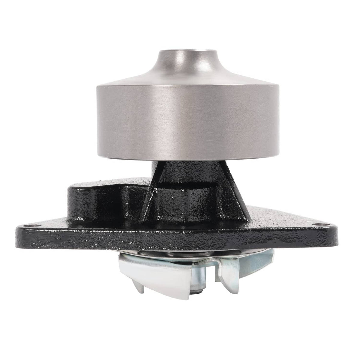 Water pump assembly with silver housing, black mounting base, and visible gasket edge