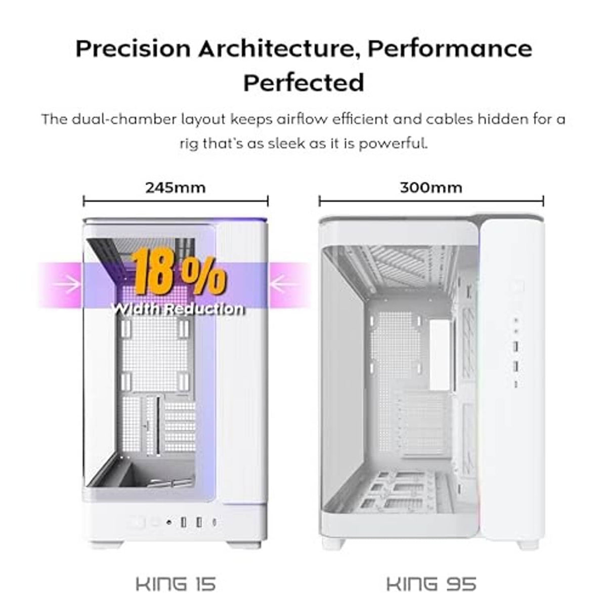 White micro-ATX PC case cutaway interior views with side panels open