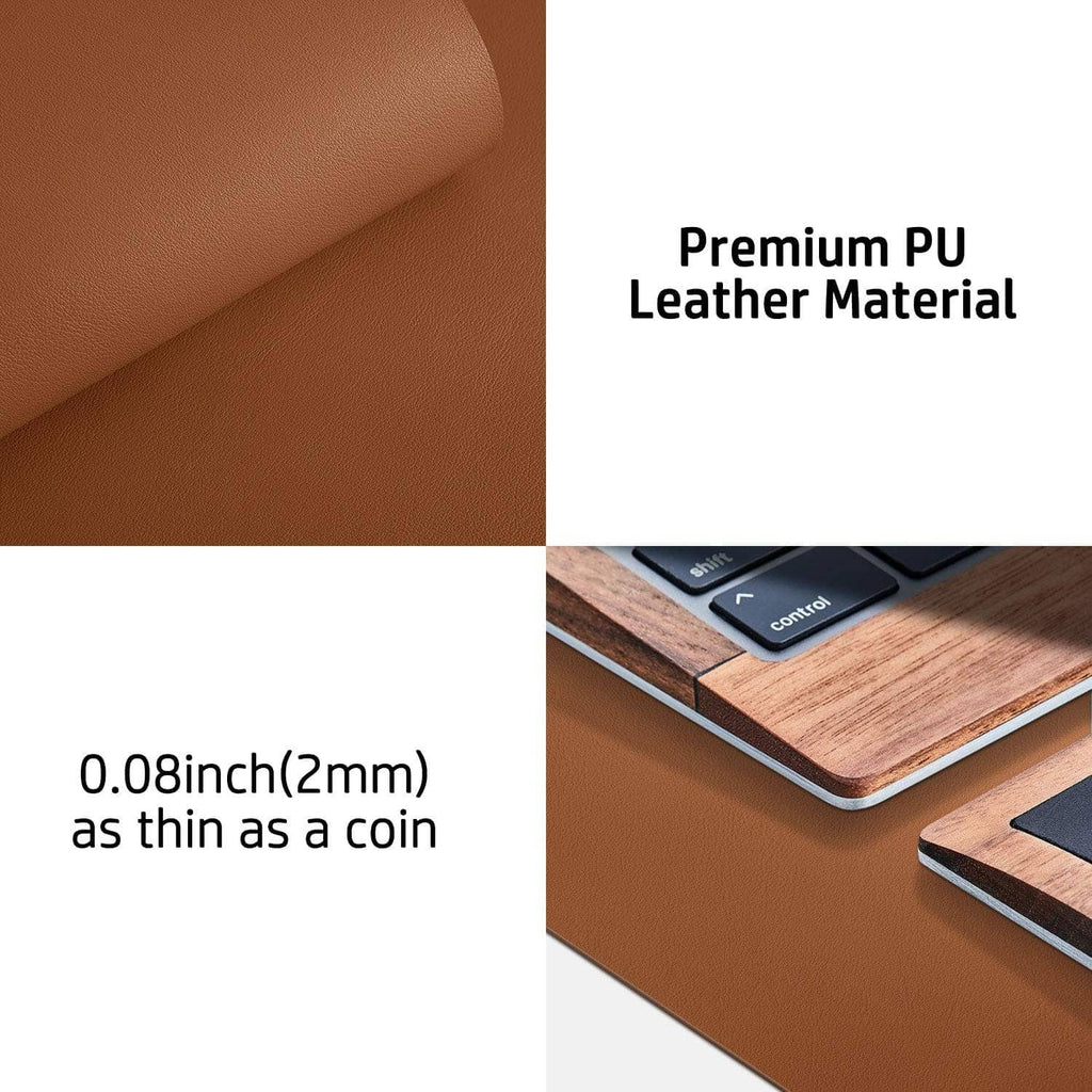 Brown leather desk pad close-up texture with thin 2mm profile graphic callouts.