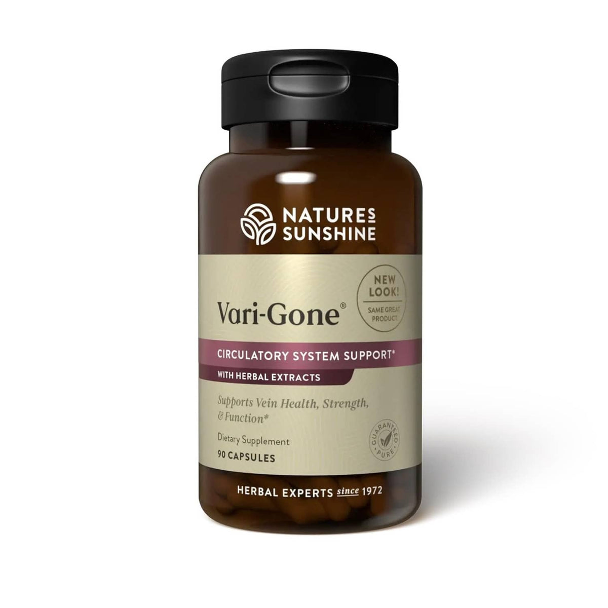 Vari-Gone supplement bottle, black cap, brown label; 90 capsules circulatory support