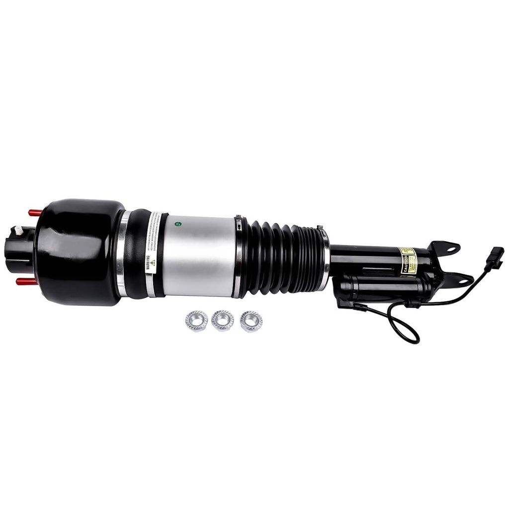 Front left air suspension strut assembly with black shock body, silver center tube, coil spring