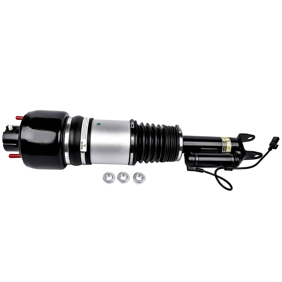 Front left air suspension strut assembly with black shock body, silver center tube, coil spring