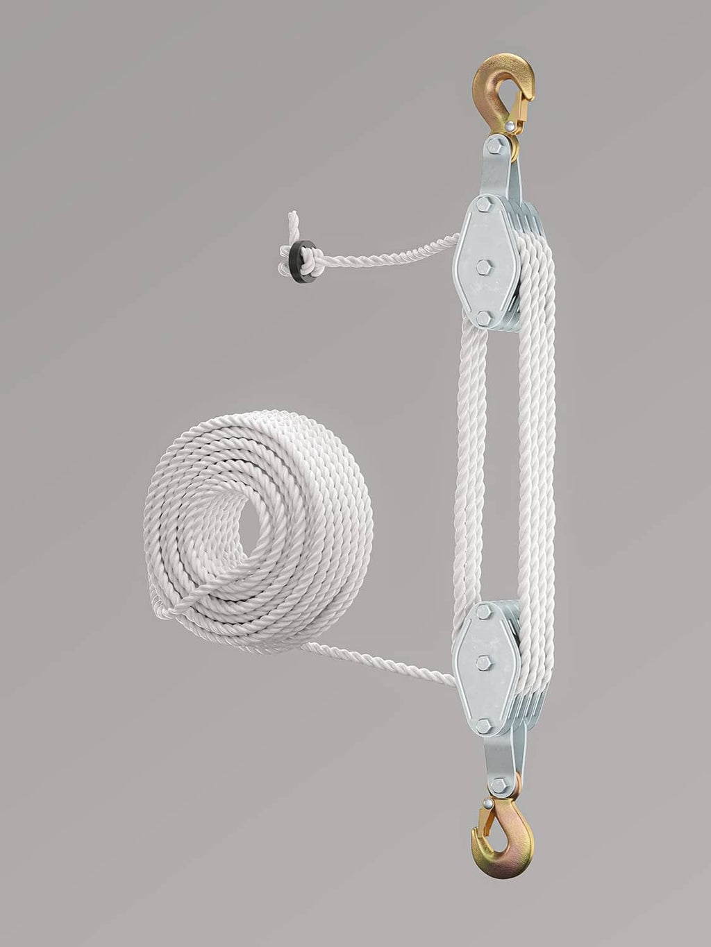 Block and tackle pulley system with two gray pulleys, gold hook, and white rope
