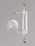 Block and tackle pulley system with two gray pulleys, gold hook, and white rope