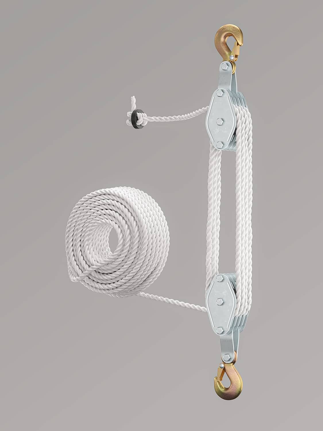 Block and tackle pulley system with two gray pulleys, gold hook, and white rope