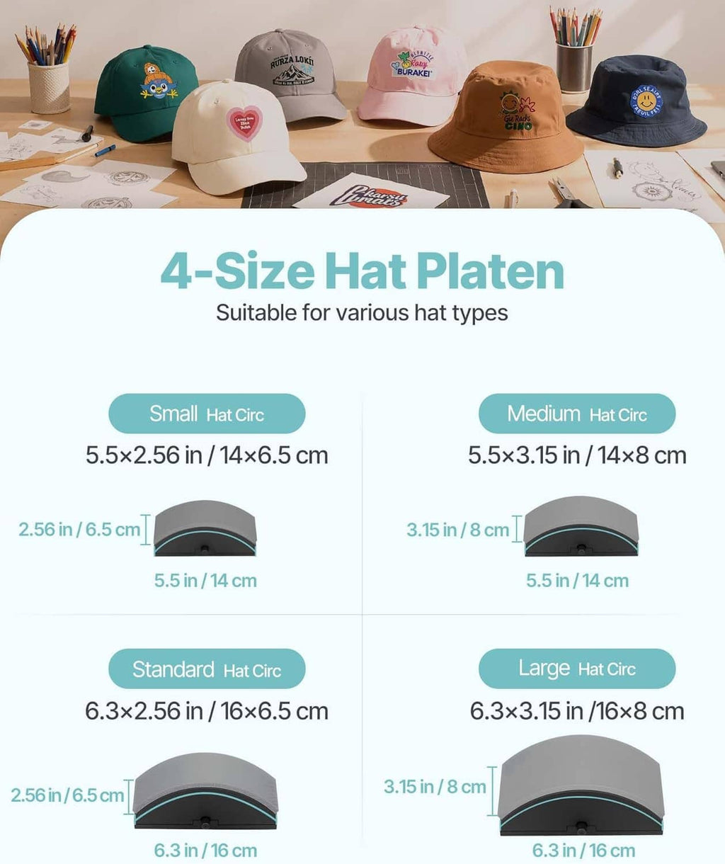 Teal hat heat press machine with front platen and four-size interchangeable hat platens