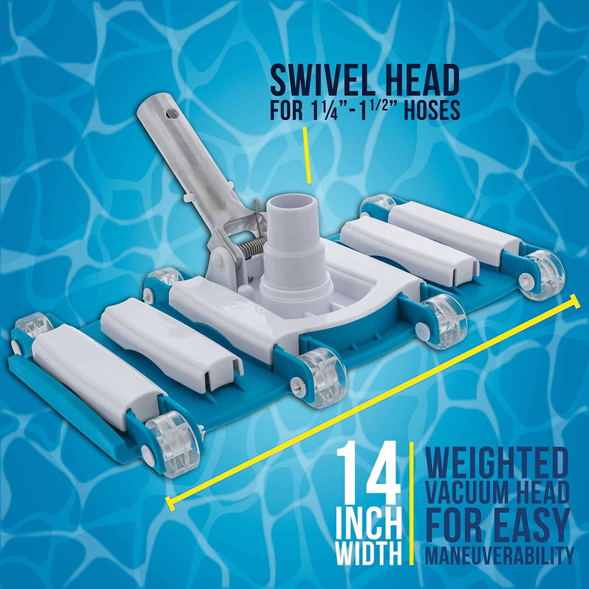 Weighted 14-inch pool vacuum head with swiveling design and white scrubbers