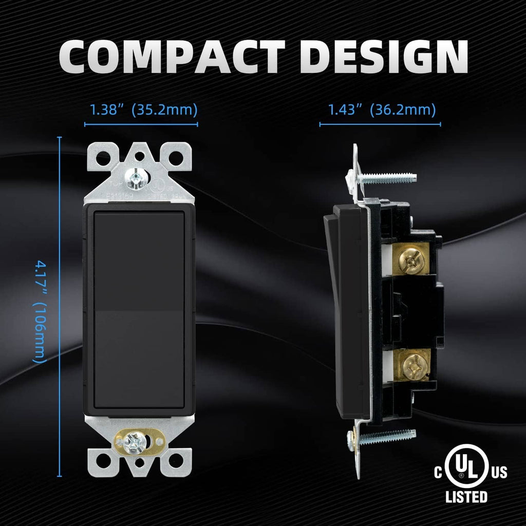 Compact matte black switch with mounting ears and terminal module, size labeled