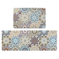 Set of 2 cushioned kitchen rugs with multi-color tile pattern
