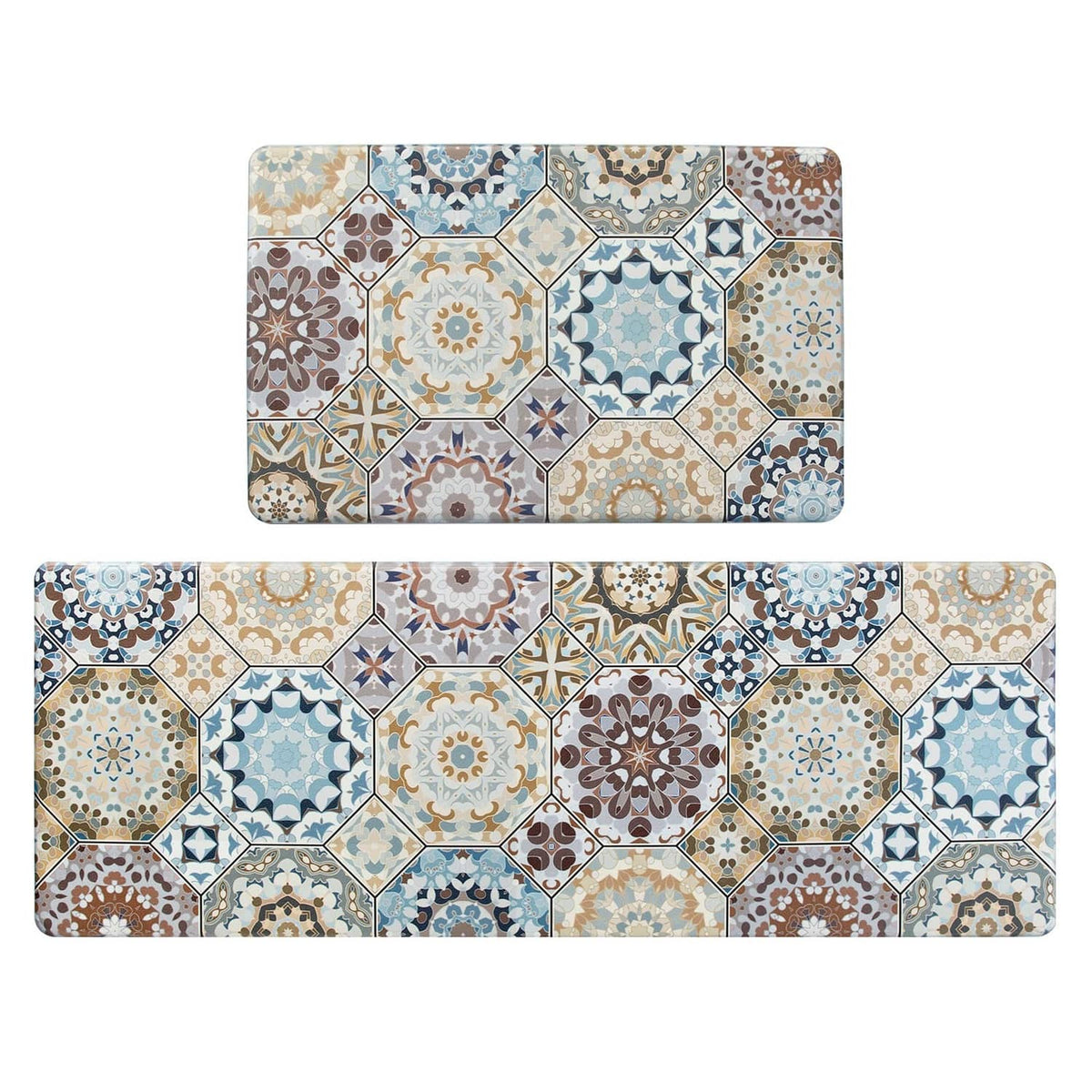 Set of 2 cushioned kitchen rugs with multi-color tile pattern