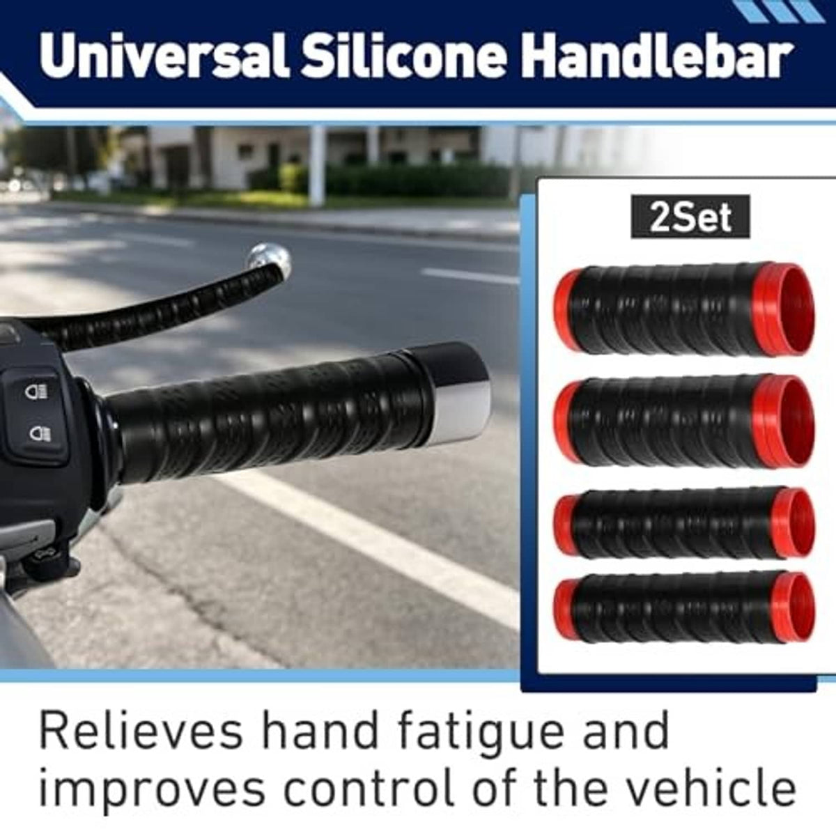 Black ribbed silicone handlebar grips with red end caps and brake lever cover