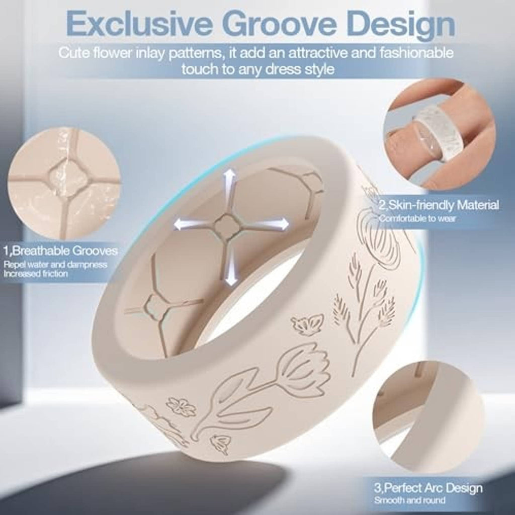 Beige floral engraved silicone ring cover with interior hex pattern cutout