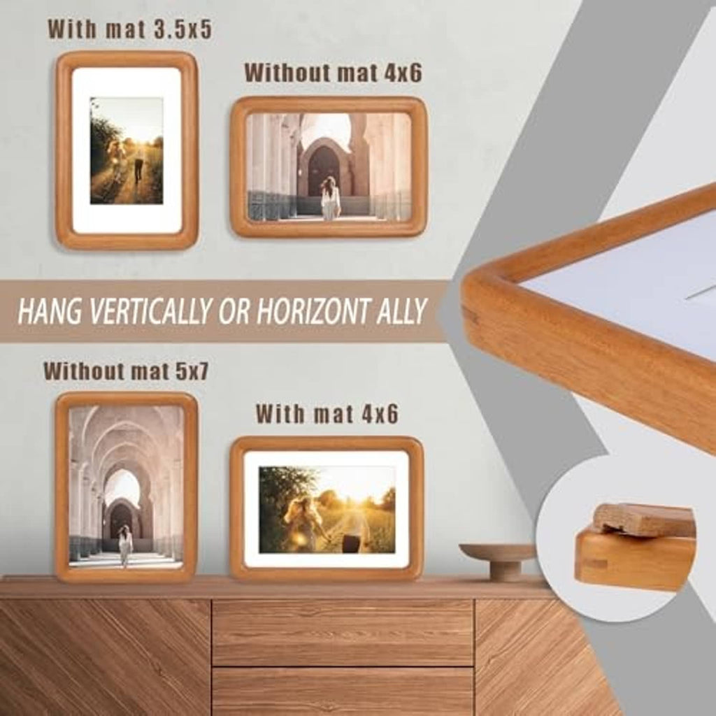 Set of 2 solid teak wood picture frames for 5x7 photos, hang vertically or horizontally