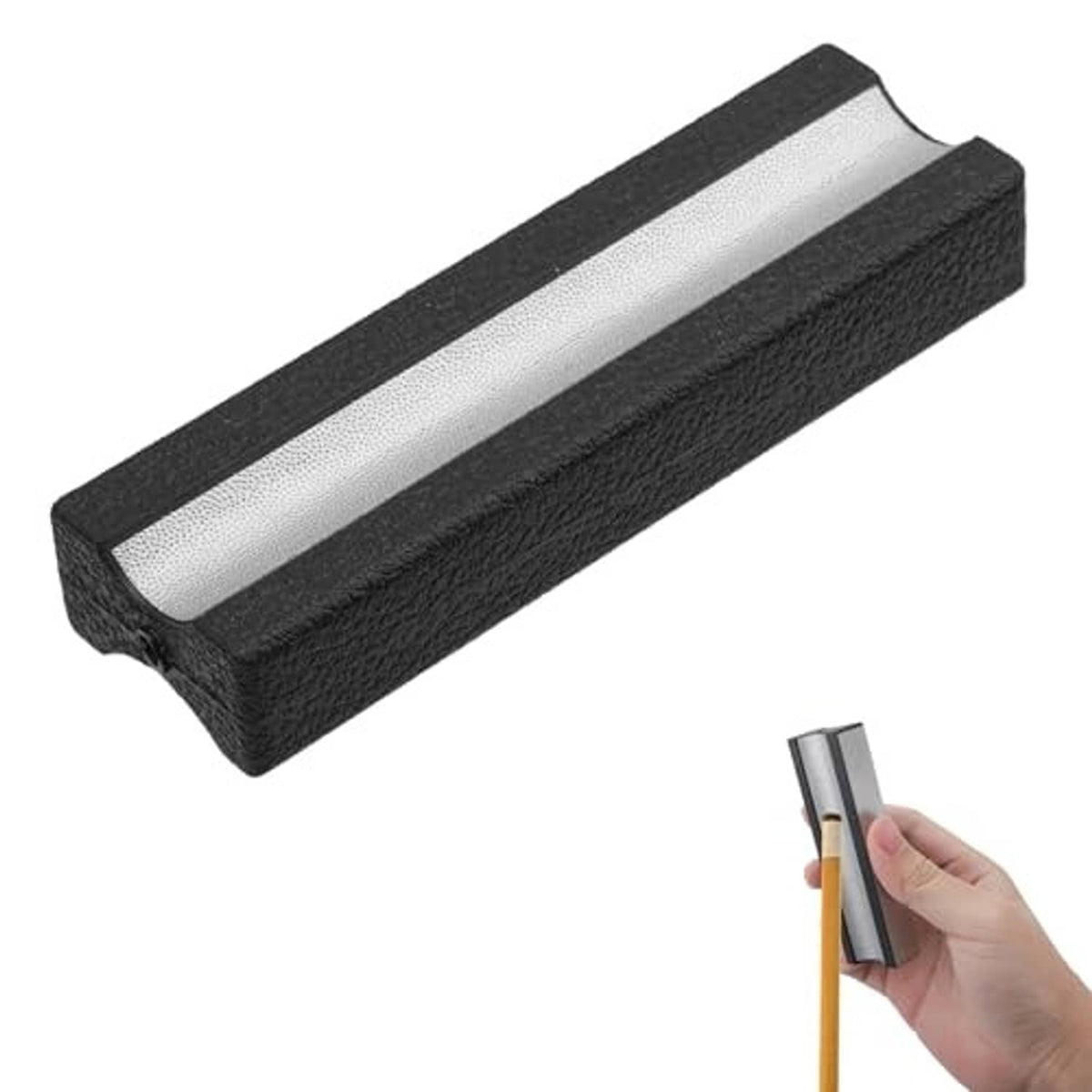 Pool cue tip shaper and repair tool with black textured handle and silver grinding surface