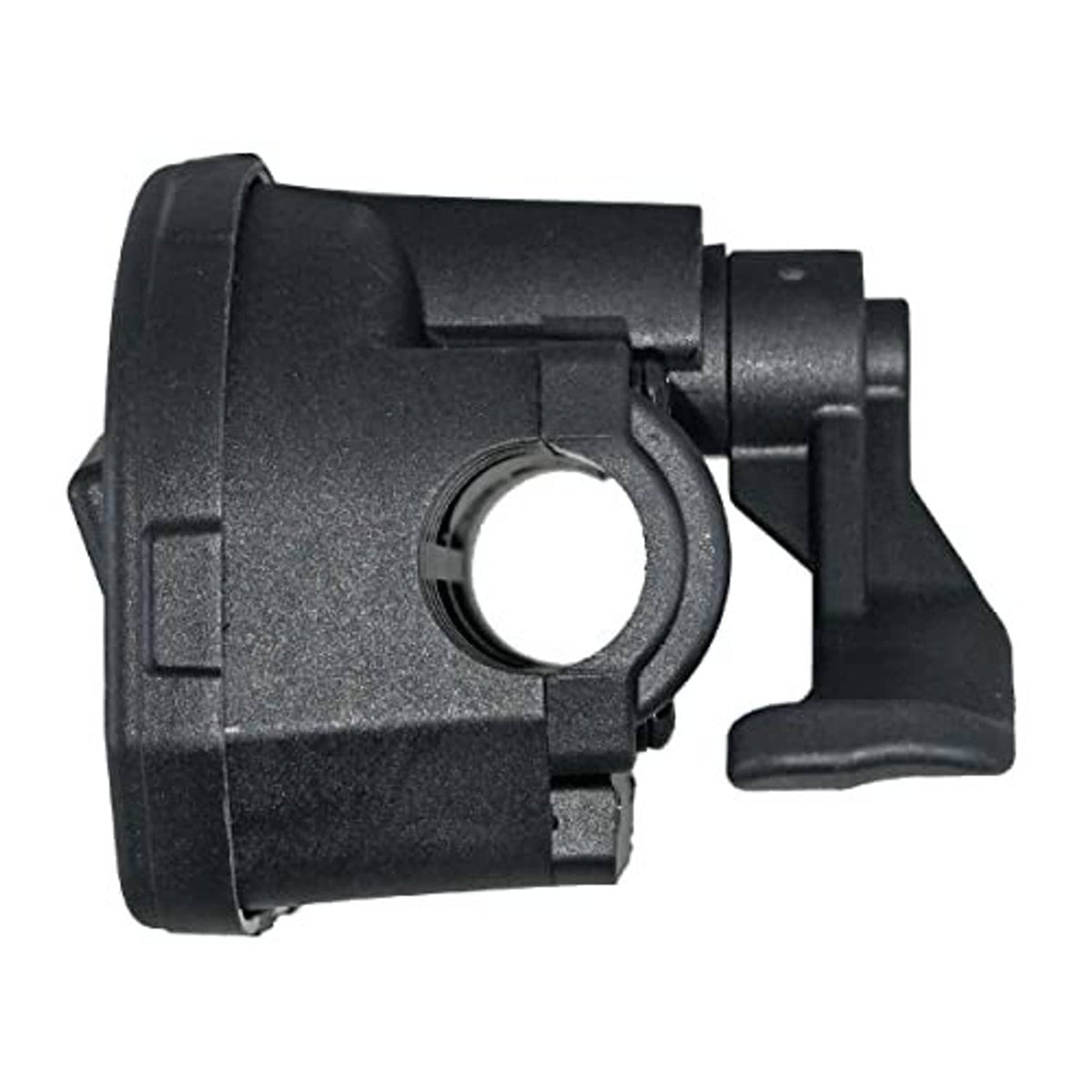 Black thumb throttle lever housing with circular mounting opening