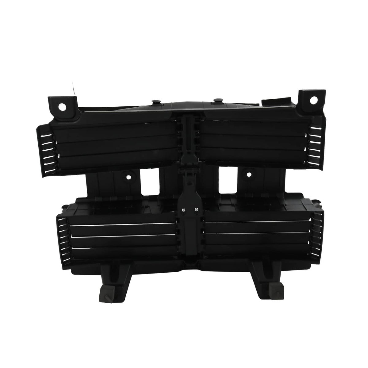 Black radiator shutter assembly with grille slats and central bracket hardware