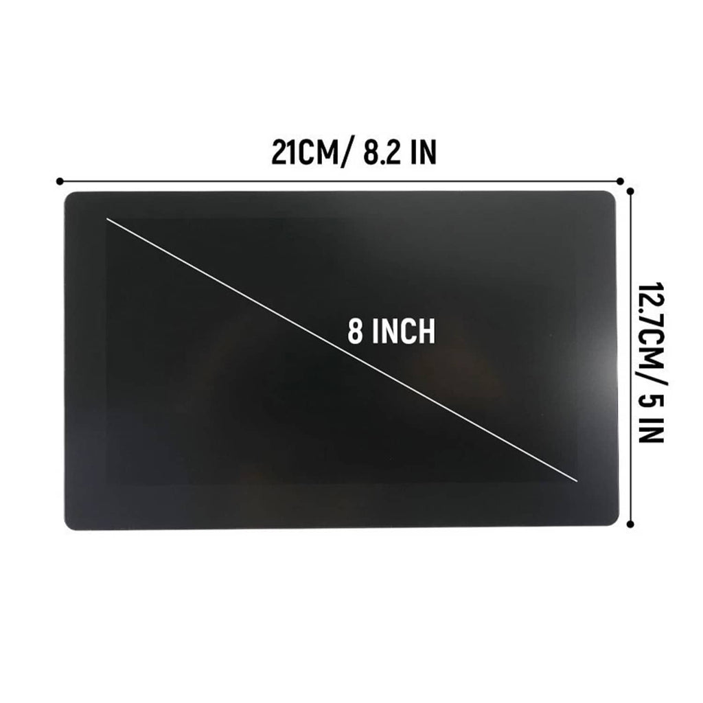8-inch LCD touch screen dimensions shown: 21cm / 8.2in by 12.7cm / 5in