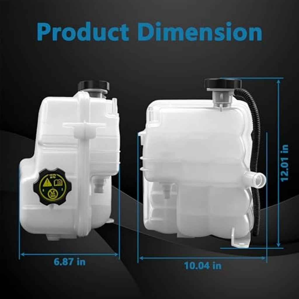 Radiator surge tank dimension diagram, white reservoir with black cap and hose