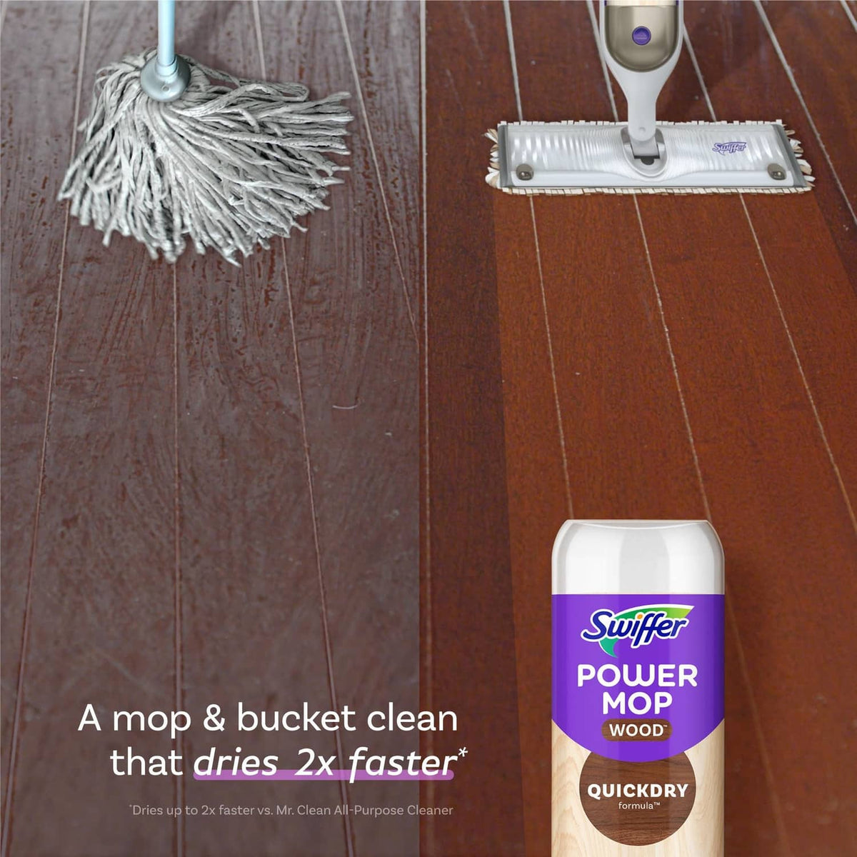 Swiffer Power Mop Wood QuickDry cleaner bottle beside a mop head on wood floor