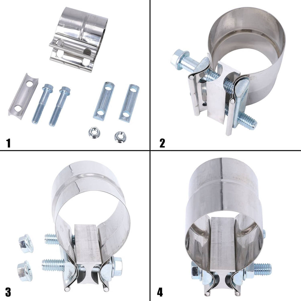 Set of stainless exhaust clamps with mounting plates and bolts; 3-inch lap joint