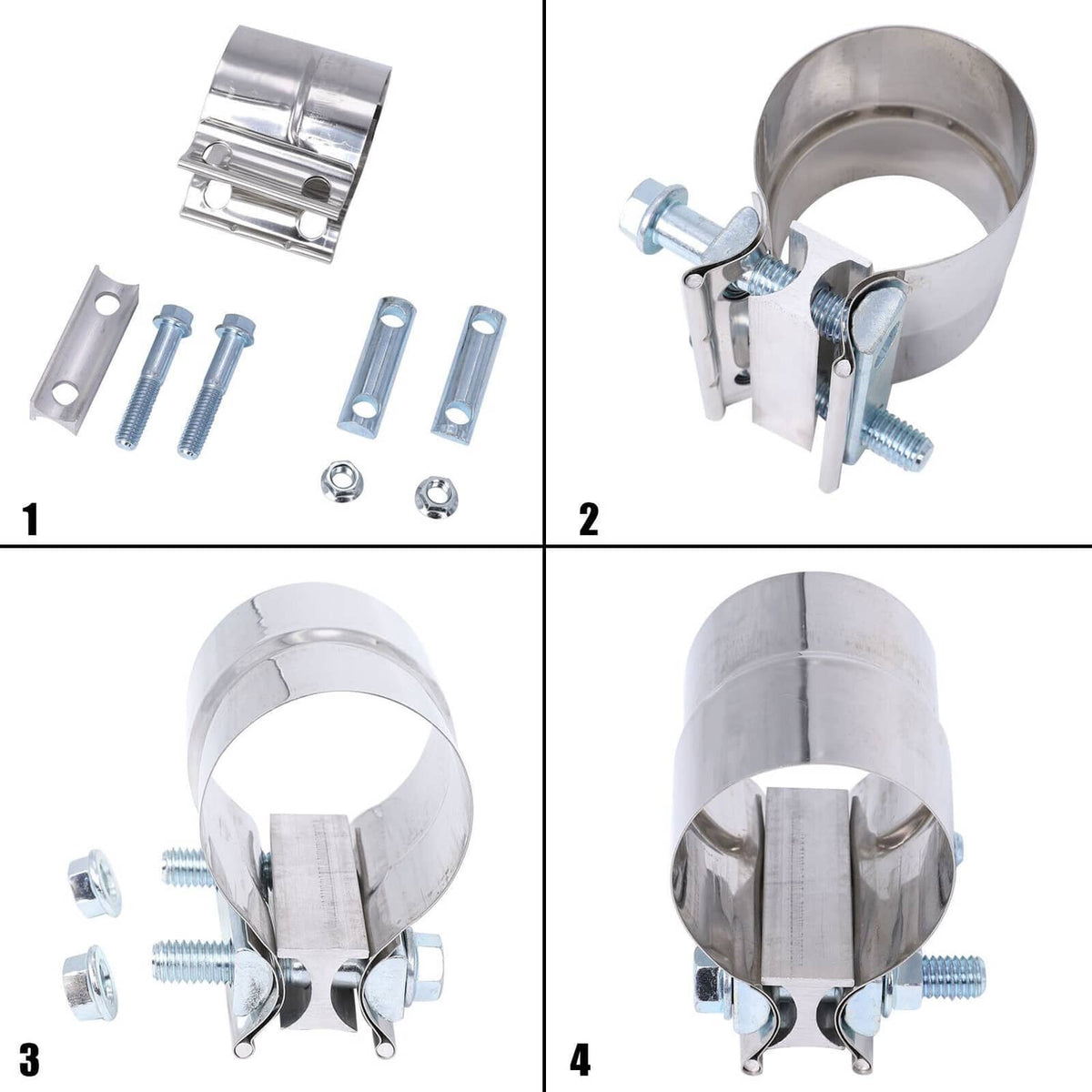 Set of stainless exhaust clamps with mounting plates and bolts; 3-inch lap joint
