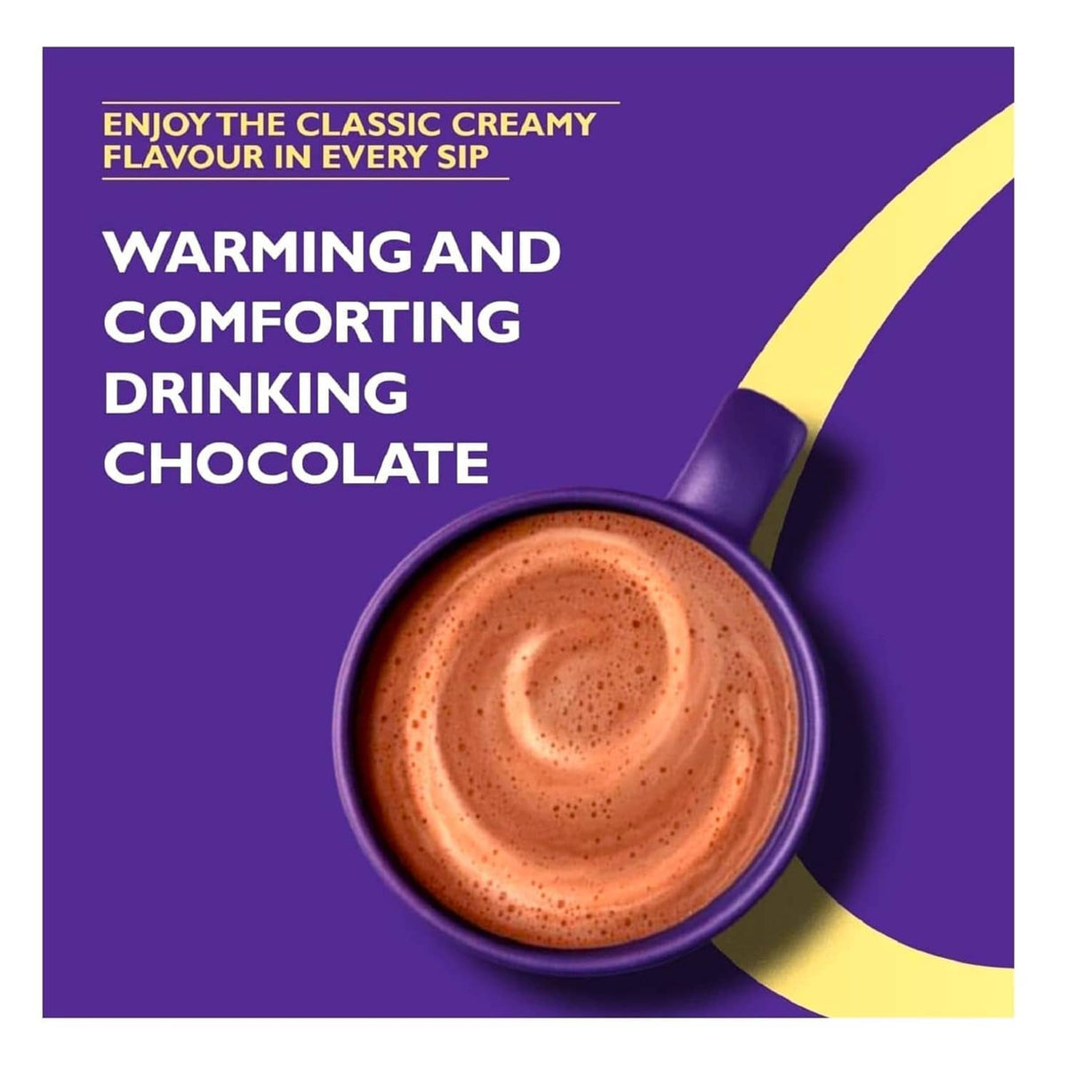 Cadbury hot chocolate pack panel with “warming and comforting drinking chocolate” text