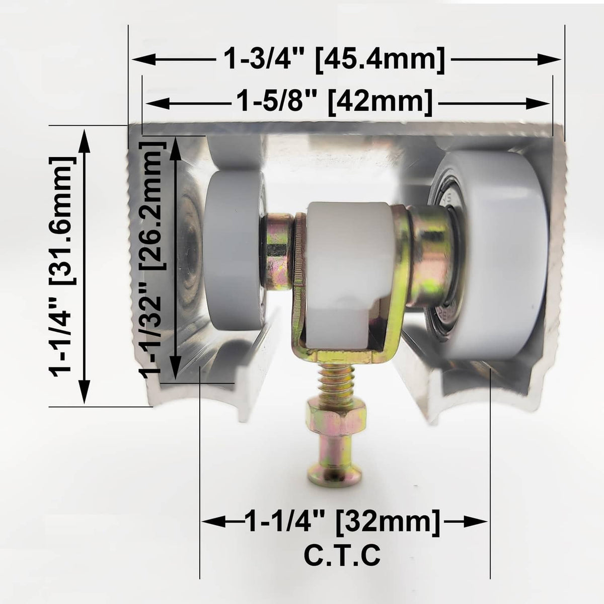 Close-up of bi-directional door hanger wheel mount with stamped metal bracket