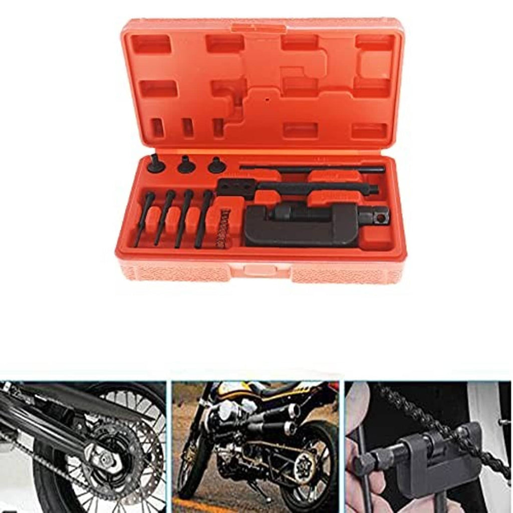 Chain splitter rivet tool kit with punch set and press head shown in red case