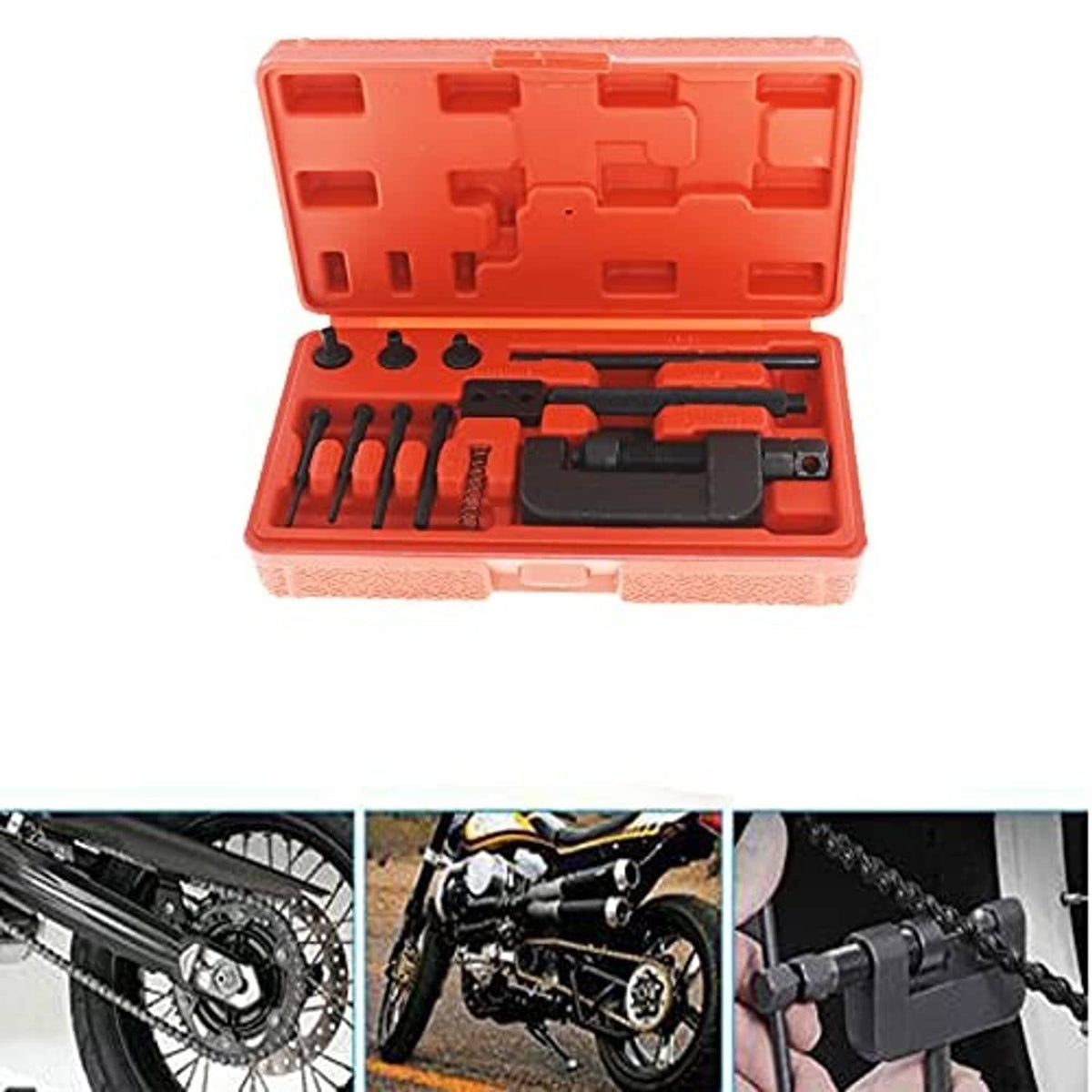 Chain splitter rivet tool kit with punch set and press head shown in red case