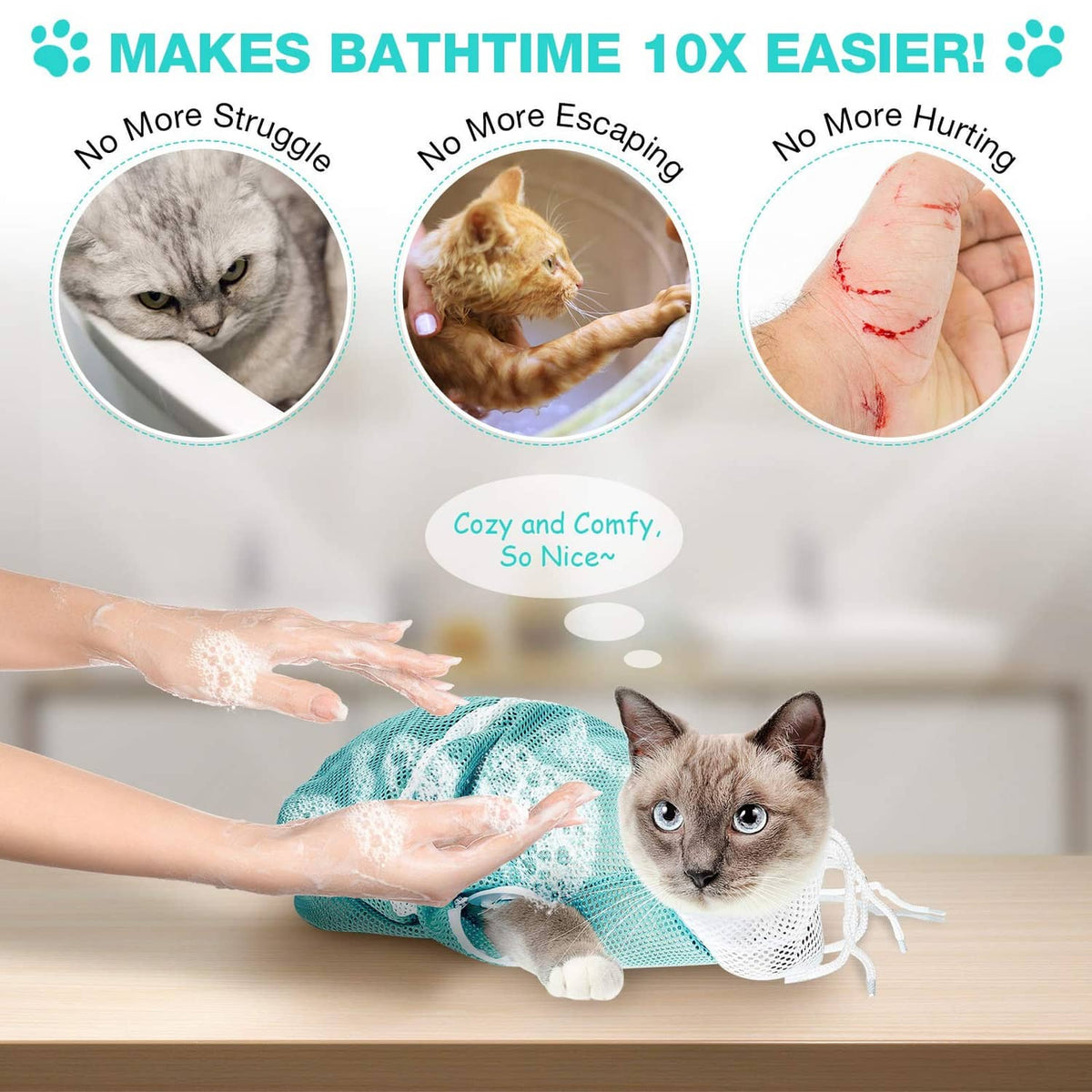 Teal mesh cat bathing bag with adjustable hood opening, cat inside