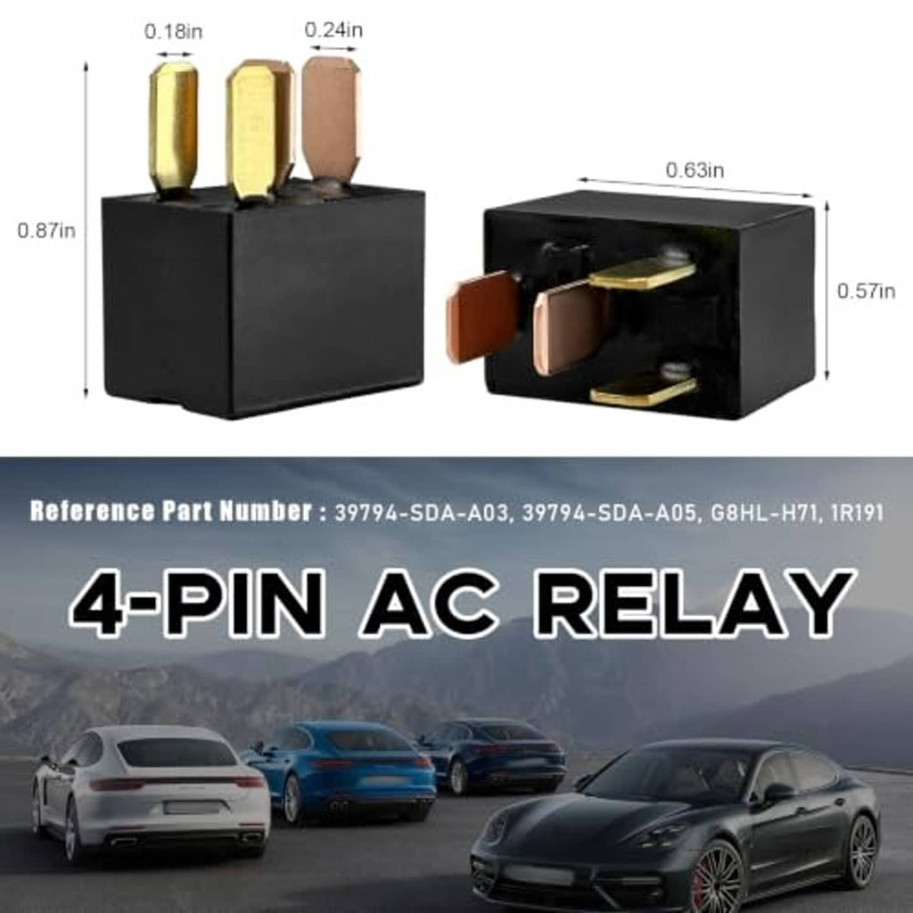 Two black 4-pin AC relays with blade terminals, shown with size measurements